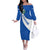 El Salvador Coat of Arms Off The Shoulder Long Sleeve Dress with Curved Text and Blue Patterned Background - Wonder Print Shop