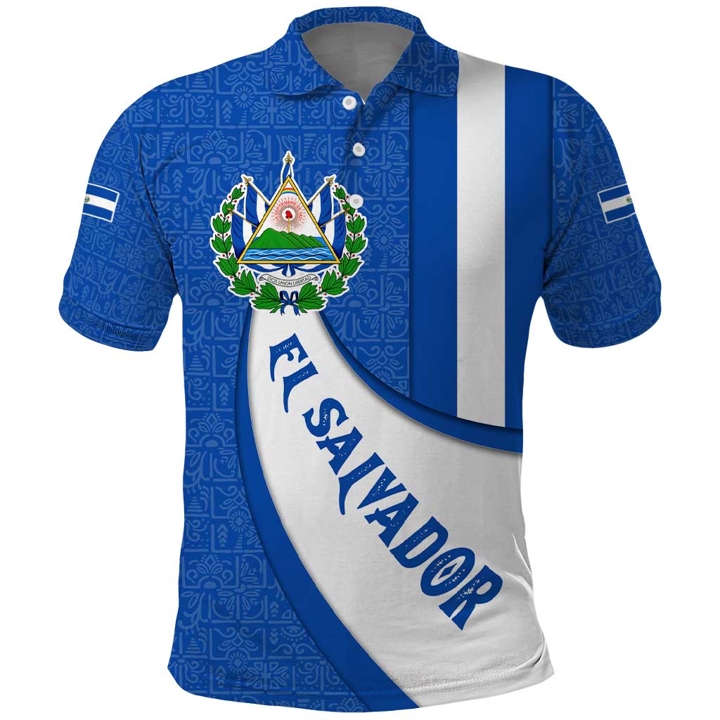 El Salvador Coat of Arms Polo Shirt with Curved Text and Blue Patterned Background - Wonder Print Shop