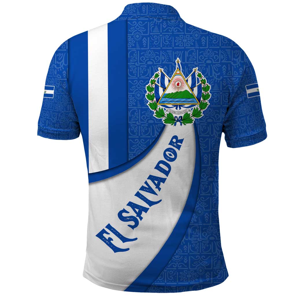El Salvador Coat of Arms Polo Shirt with Curved Text and Blue Patterned Background - Wonder Print Shop
