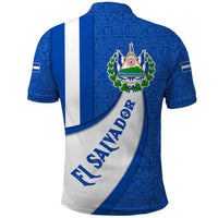 El Salvador Coat of Arms Polo Shirt with Curved Text and Blue Patterned Background - Wonder Print Shop