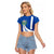 El Salvador Coat of Arms Raglan Cropped T Shirt with Curved Text and Blue Patterned Background - Wonder Print Shop