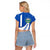 El Salvador Coat of Arms Raglan Cropped T Shirt with Curved Text and Blue Patterned Background - Wonder Print Shop