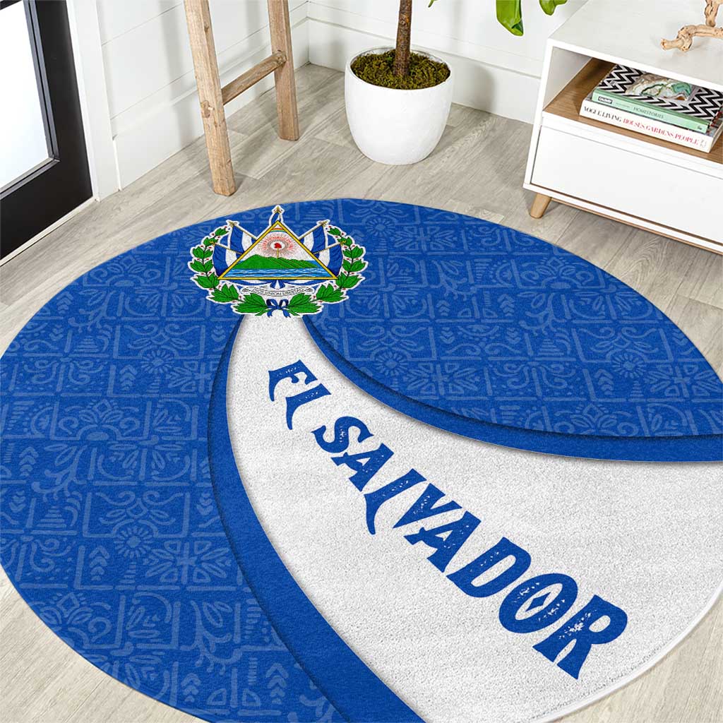 El Salvador Coat of Arms Round Carpet with Curved Text and Blue Patterned Background - Wonder Print Shop