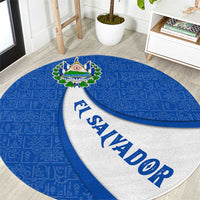 El Salvador Coat of Arms Round Carpet with Curved Text and Blue Patterned Background - Wonder Print Shop