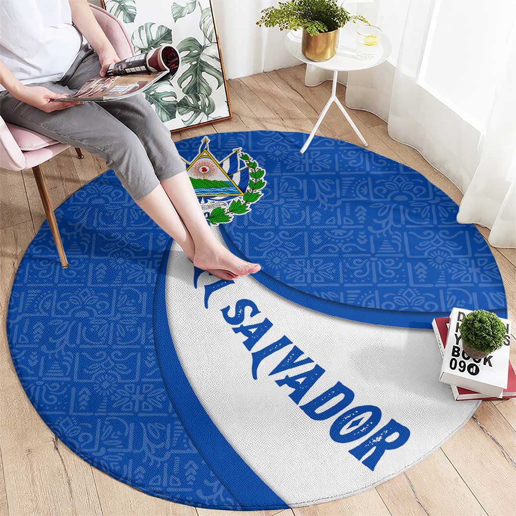 El Salvador Coat of Arms Round Carpet with Curved Text and Blue Patterned Background - Wonder Print Shop