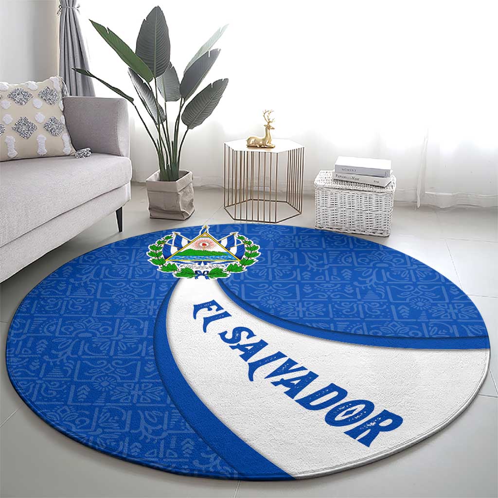 El Salvador Coat of Arms Round Carpet with Curved Text and Blue Patterned Background - Wonder Print Shop