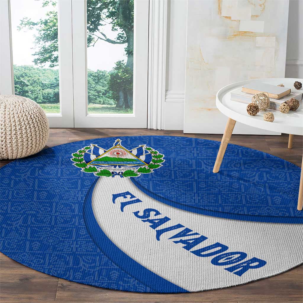 El Salvador Coat of Arms Round Carpet with Curved Text and Blue Patterned Background - Wonder Print Shop
