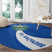 El Salvador Coat of Arms Round Carpet with Curved Text and Blue Patterned Background - Wonder Print Shop