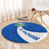 El Salvador Coat of Arms Round Carpet with Curved Text and Blue Patterned Background - Wonder Print Shop