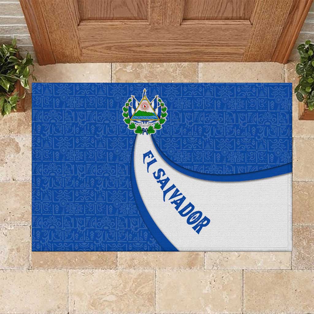 El Salvador Coat of Arms Rubber Doormat with Curved Text and Blue Patterned Background - Wonder Print Shop