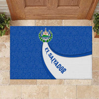 El Salvador Coat of Arms Rubber Doormat with Curved Text and Blue Patterned Background - Wonder Print Shop