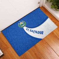 El Salvador Coat of Arms Rubber Doormat with Curved Text and Blue Patterned Background - Wonder Print Shop