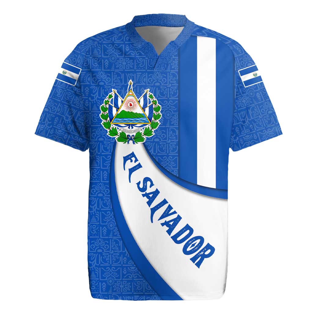 El Salvador Coat of Arms Rugby Jersey with Curved Text and Blue Patterned Background - Wonder Print Shop