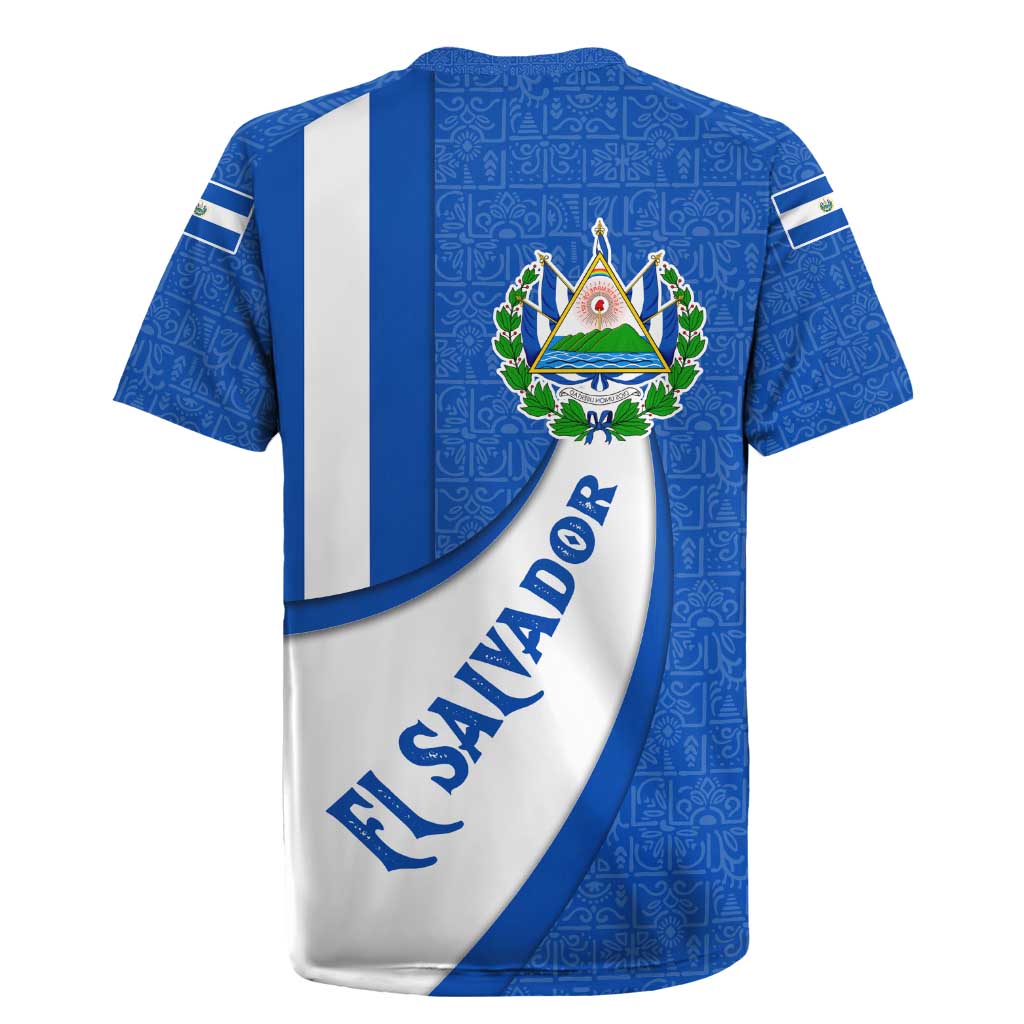El Salvador Coat of Arms Rugby Jersey with Curved Text and Blue Patterned Background - Wonder Print Shop