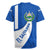 El Salvador Coat of Arms Rugby Jersey with Curved Text and Blue Patterned Background - Wonder Print Shop