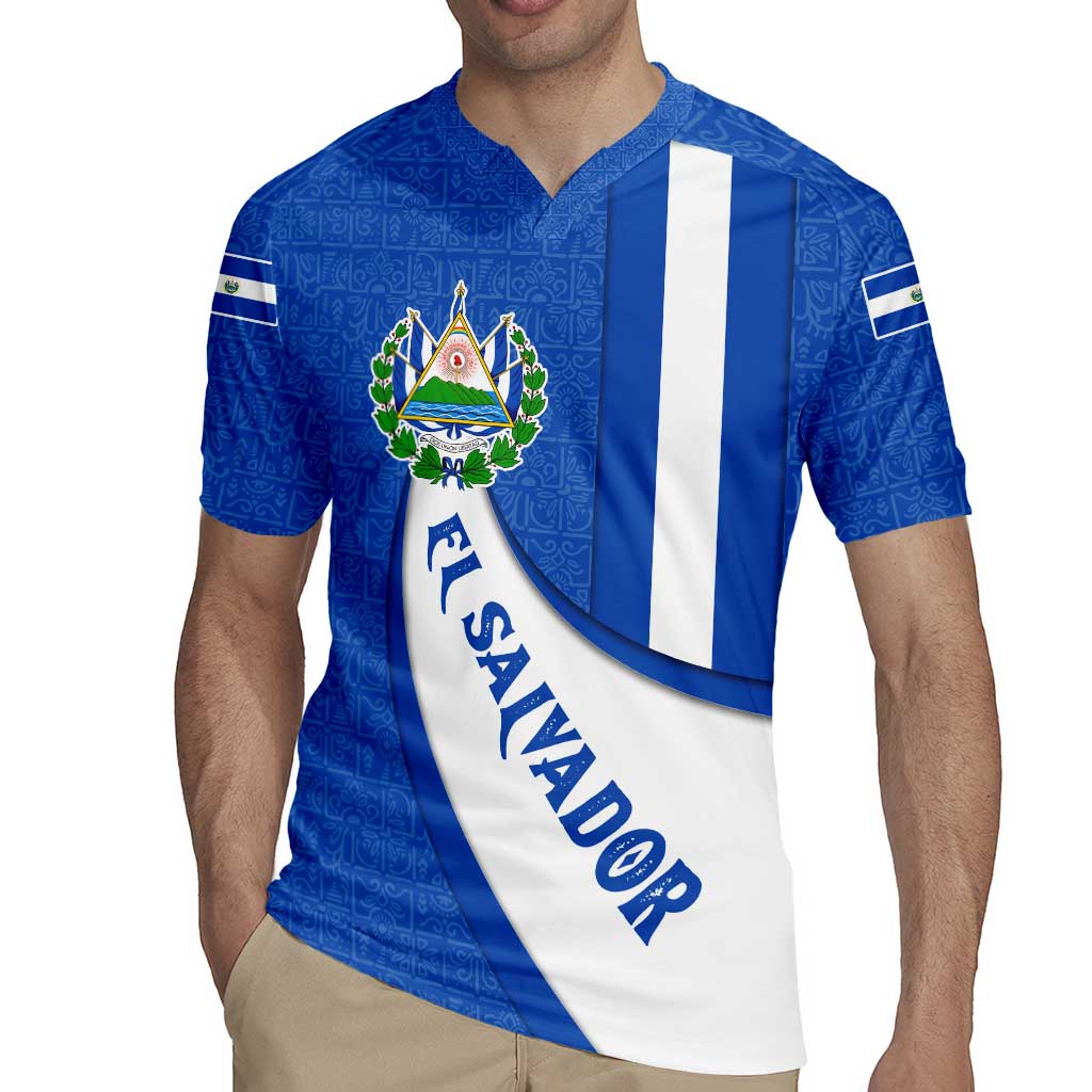 El Salvador Coat of Arms Rugby Jersey with Curved Text and Blue Patterned Background - Wonder Print Shop