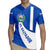 El Salvador Coat of Arms Rugby Jersey with Curved Text and Blue Patterned Background - Wonder Print Shop