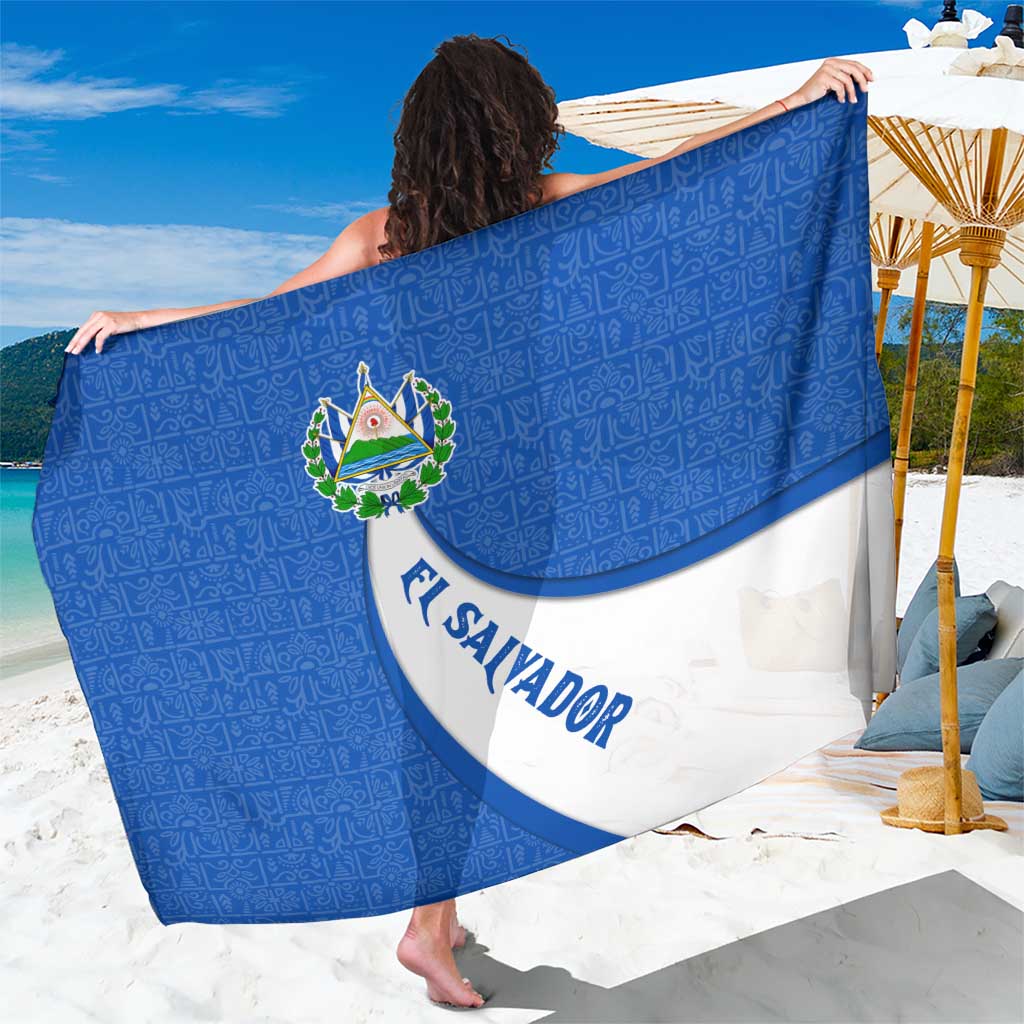El Salvador Coat of Arms Sarong with Curved Text and Blue Patterned Background - Wonder Print Shop