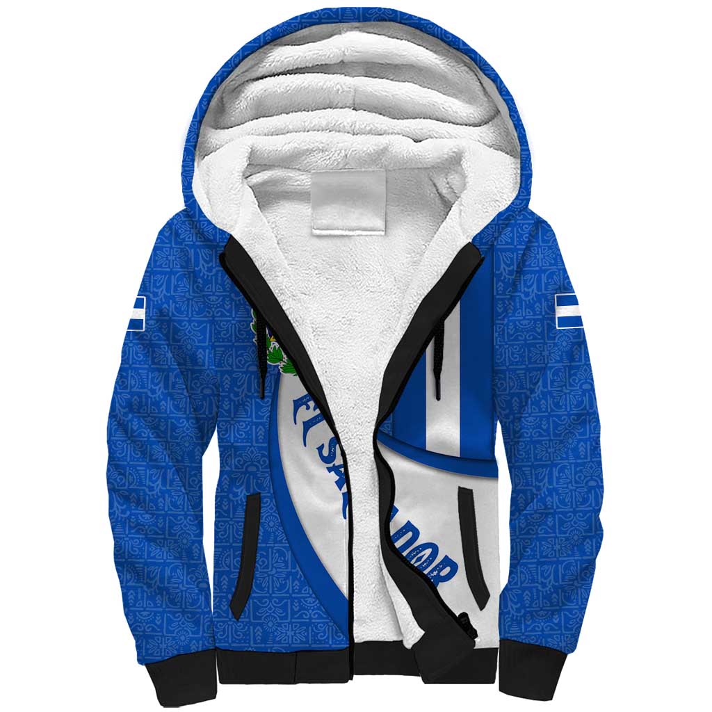 El Salvador Coat of Arms Sherpa Hoodie with Curved Text and Blue Patterned Background - Wonder Print Shop
