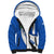 El Salvador Coat of Arms Sherpa Hoodie with Curved Text and Blue Patterned Background - Wonder Print Shop