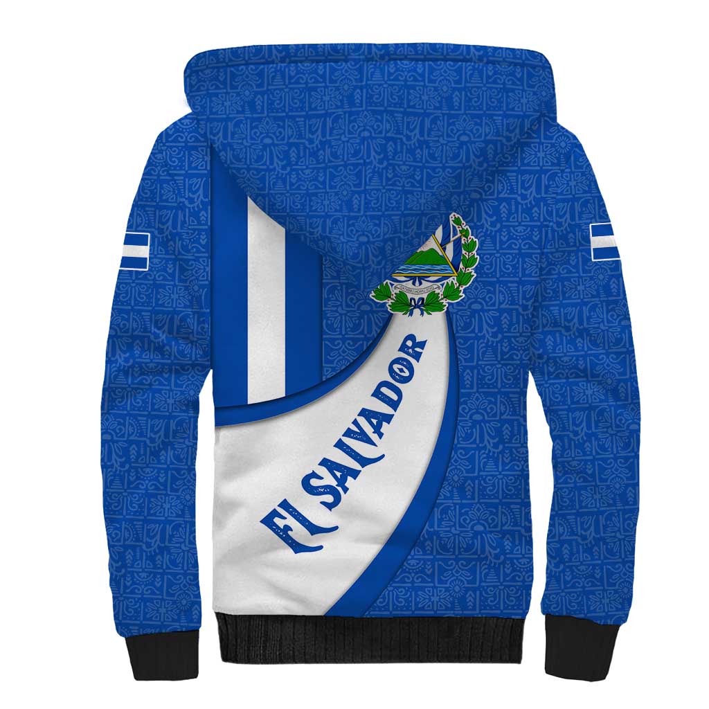 El Salvador Coat of Arms Sherpa Hoodie with Curved Text and Blue Patterned Background - Wonder Print Shop