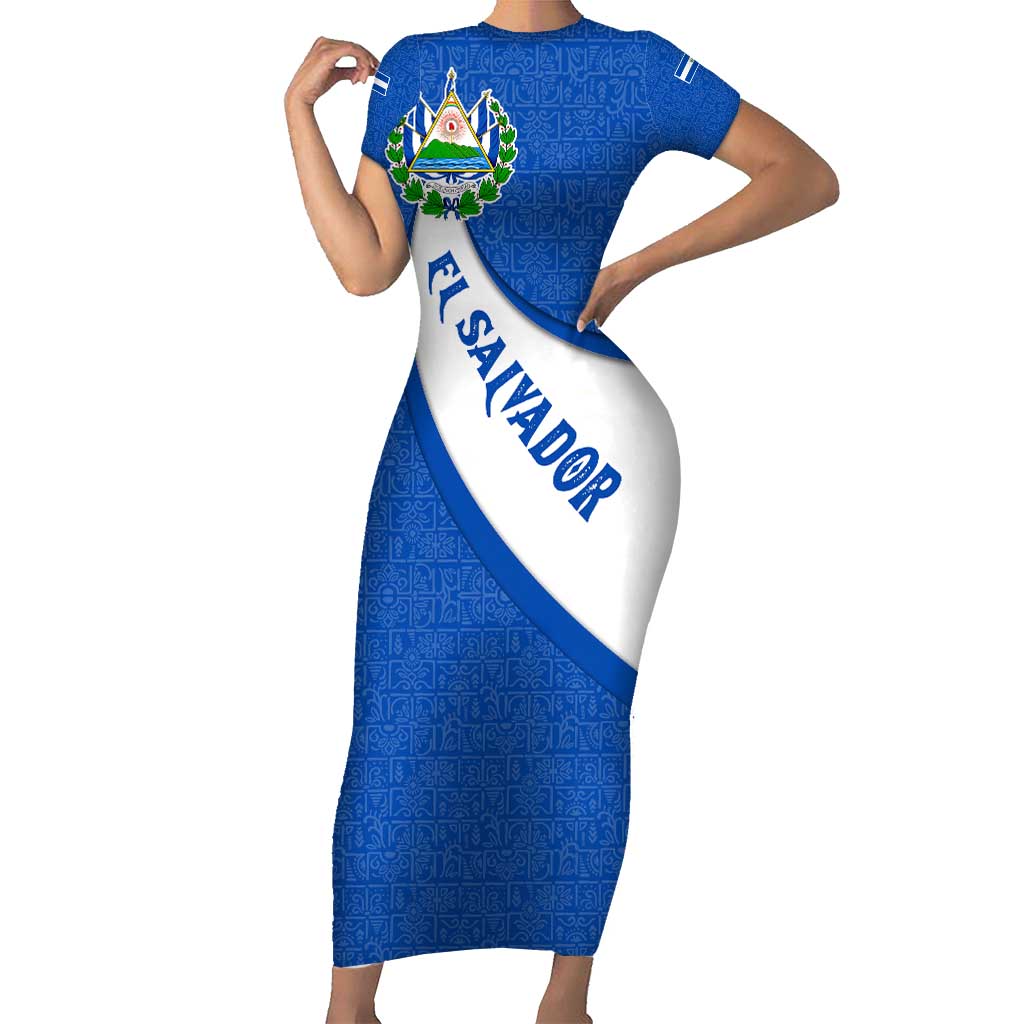 El Salvador Coat of Arms Short Sleeve Bodycon Dress with Curved Text and Blue Patterned Background - Wonder Print Shop