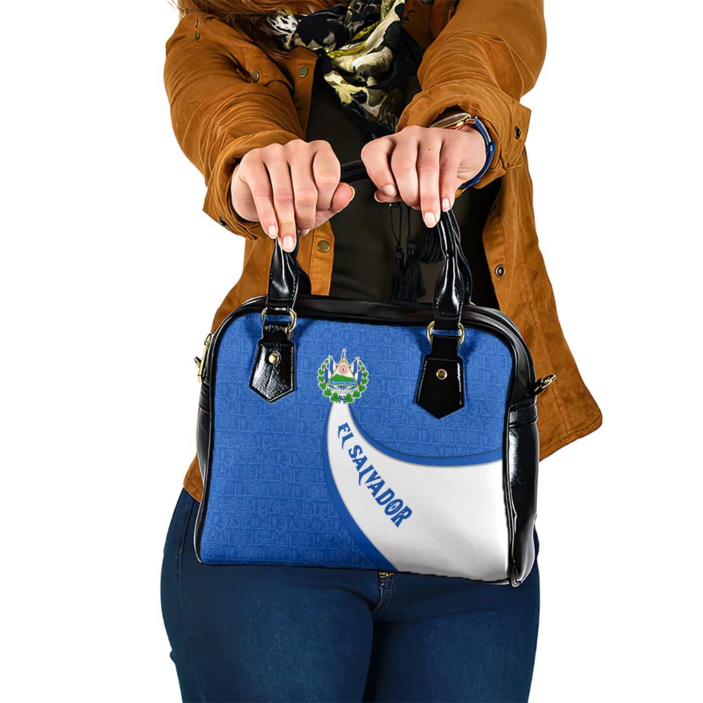 El Salvador Coat of Arms Shoulder Handbag with Curved Text and Blue Patterned Background - Wonder Print Shop