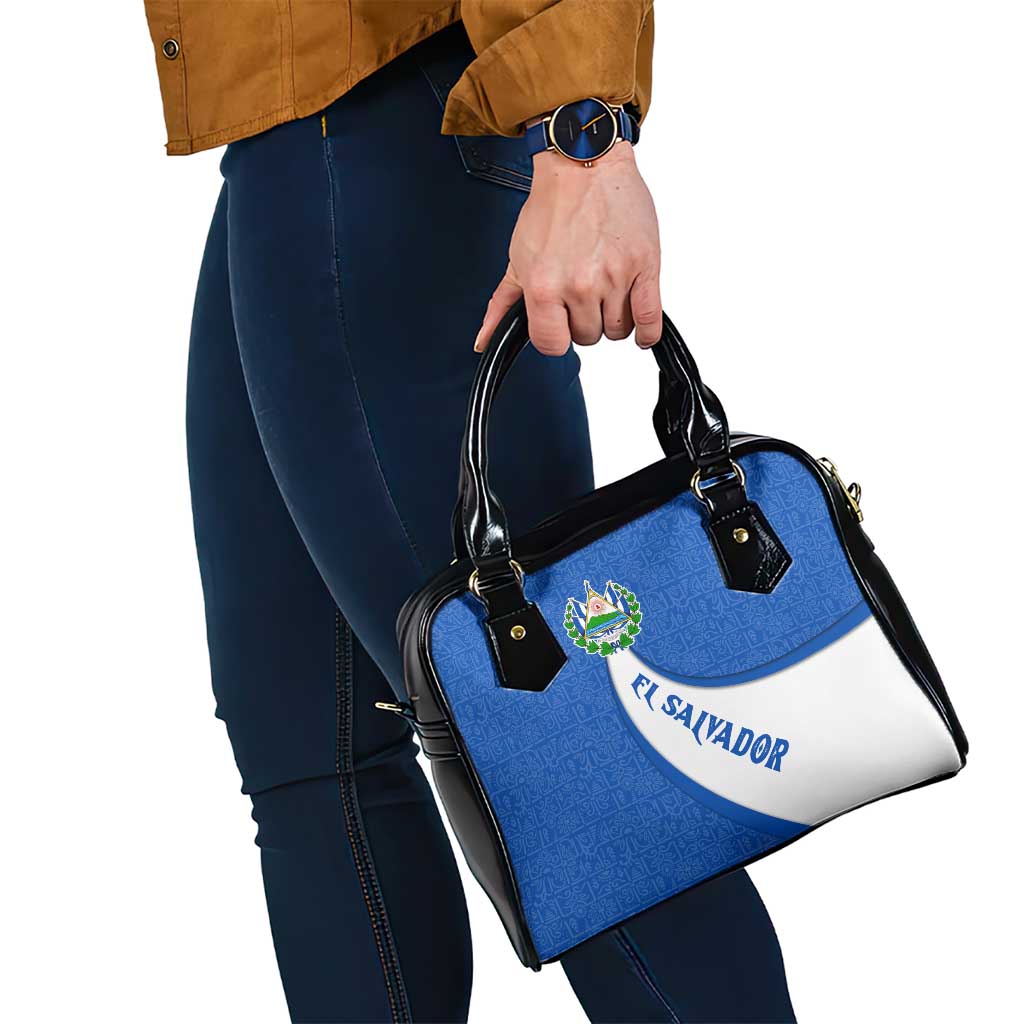 El Salvador Coat of Arms Shoulder Handbag with Curved Text and Blue Patterned Background - Wonder Print Shop