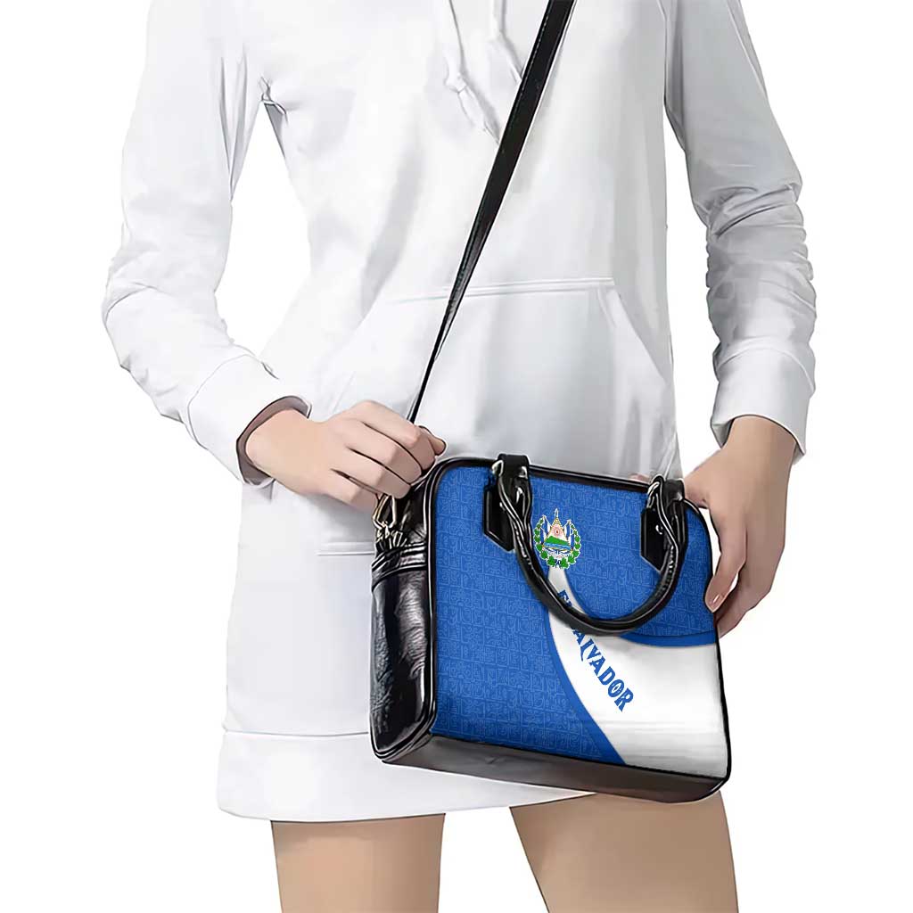 El Salvador Coat of Arms Shoulder Handbag with Curved Text and Blue Patterned Background - Wonder Print Shop