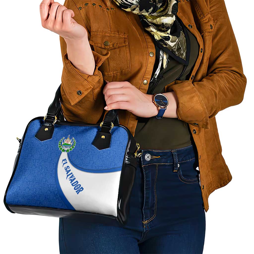 El Salvador Coat of Arms Shoulder Handbag with Curved Text and Blue Patterned Background - Wonder Print Shop