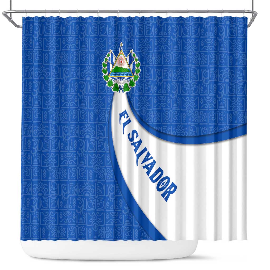 El Salvador Coat of Arms Shower Curtain with Curved Text and Blue Patterned Background - Wonder Print Shop