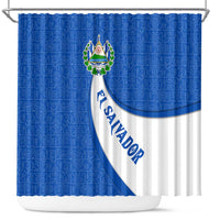 El Salvador Coat of Arms Shower Curtain with Curved Text and Blue Patterned Background - Wonder Print Shop