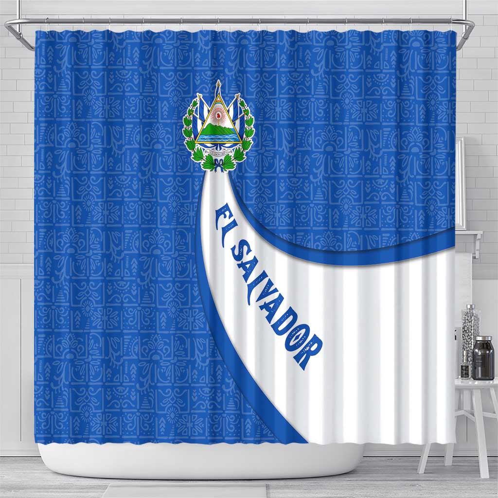 El Salvador Coat of Arms Shower Curtain with Curved Text and Blue Patterned Background - Wonder Print Shop