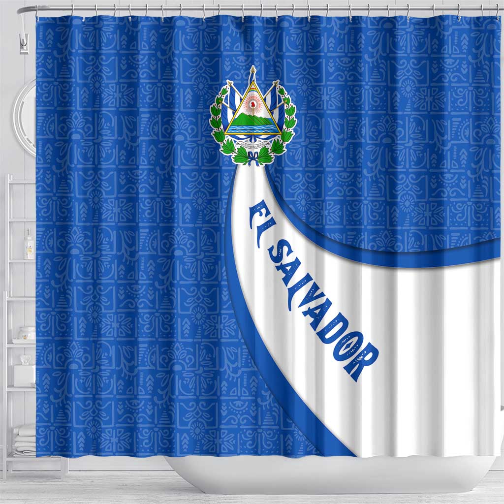 El Salvador Coat of Arms Shower Curtain with Curved Text and Blue Patterned Background - Wonder Print Shop