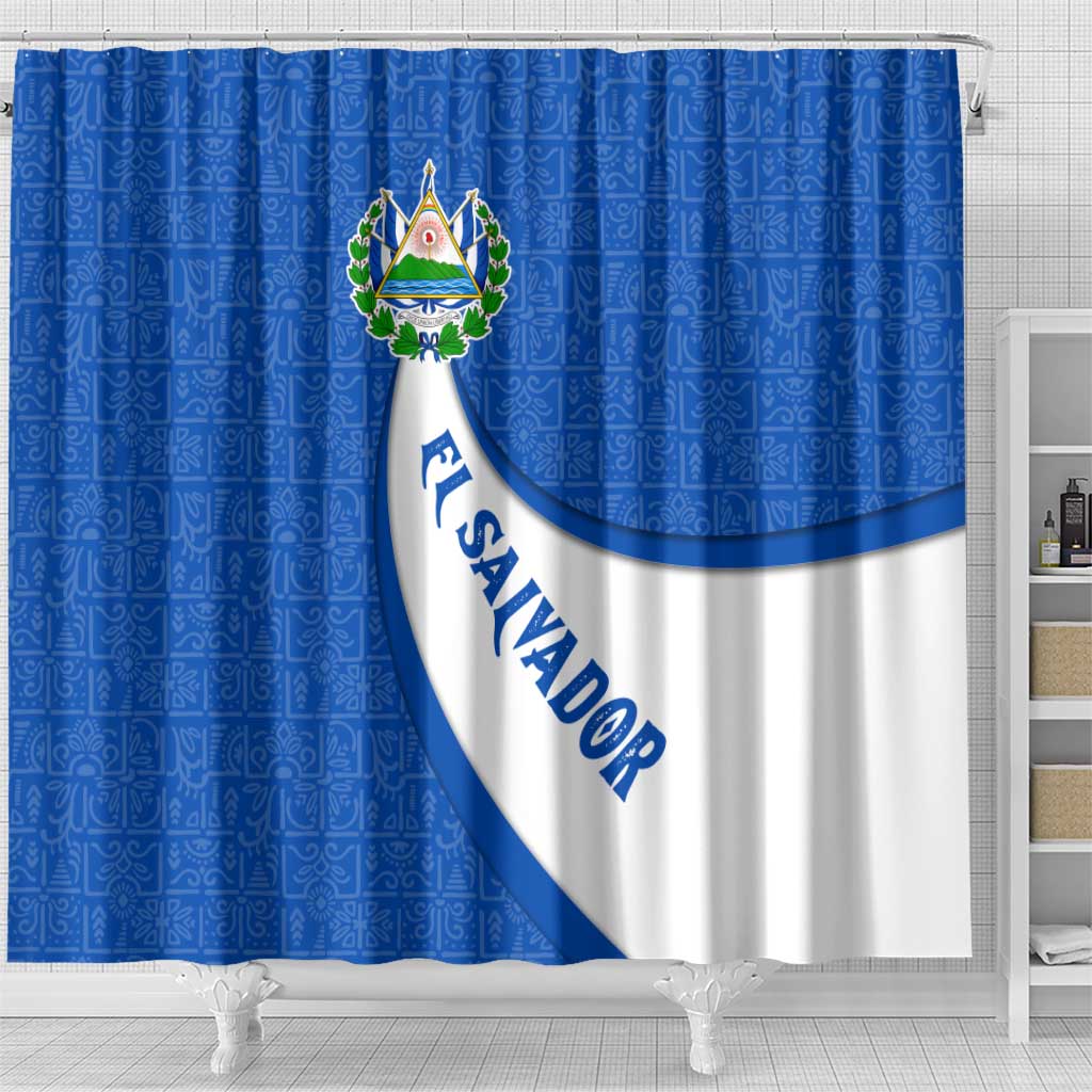 El Salvador Coat of Arms Shower Curtain with Curved Text and Blue Patterned Background - Wonder Print Shop