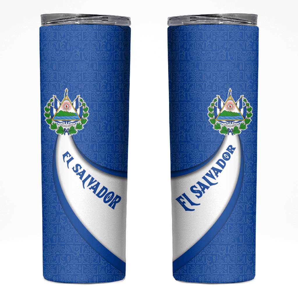 El Salvador Coat of Arms Skinny Tumbler with Curved Text and Blue Patterned Background - Wonder Print Shop