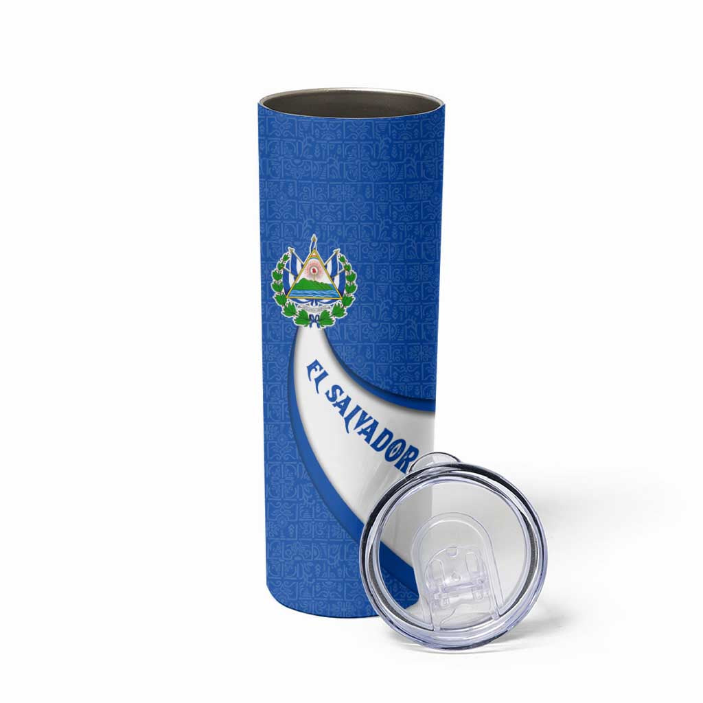 El Salvador Coat of Arms Skinny Tumbler with Curved Text and Blue Patterned Background - Wonder Print Shop