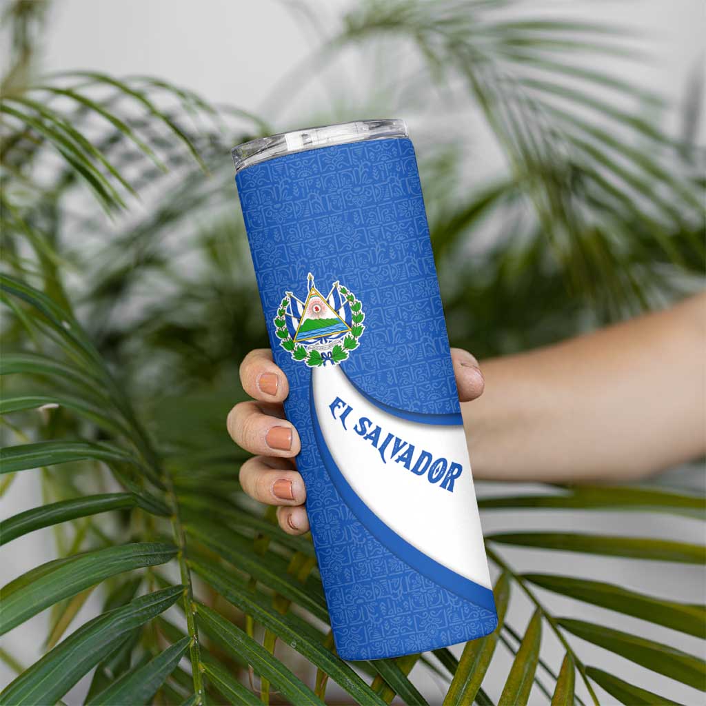 El Salvador Coat of Arms Skinny Tumbler with Curved Text and Blue Patterned Background - Wonder Print Shop