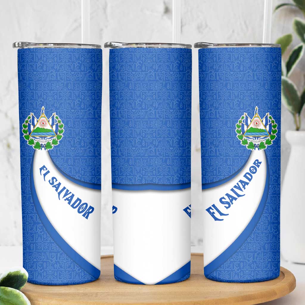 El Salvador Coat of Arms Skinny Tumbler with Curved Text and Blue Patterned Background - Wonder Print Shop