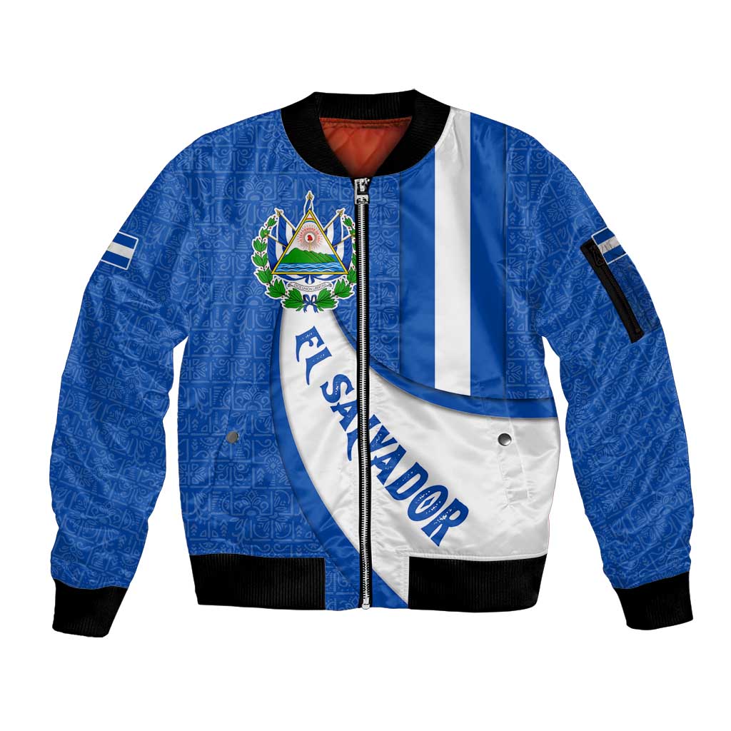 El Salvador Coat of Arms Sleeve Zip Bomber Jacket with Curved Text and Blue Patterned Background - Wonder Print Shop