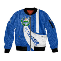 El Salvador Coat of Arms Sleeve Zip Bomber Jacket with Curved Text and Blue Patterned Background - Wonder Print Shop