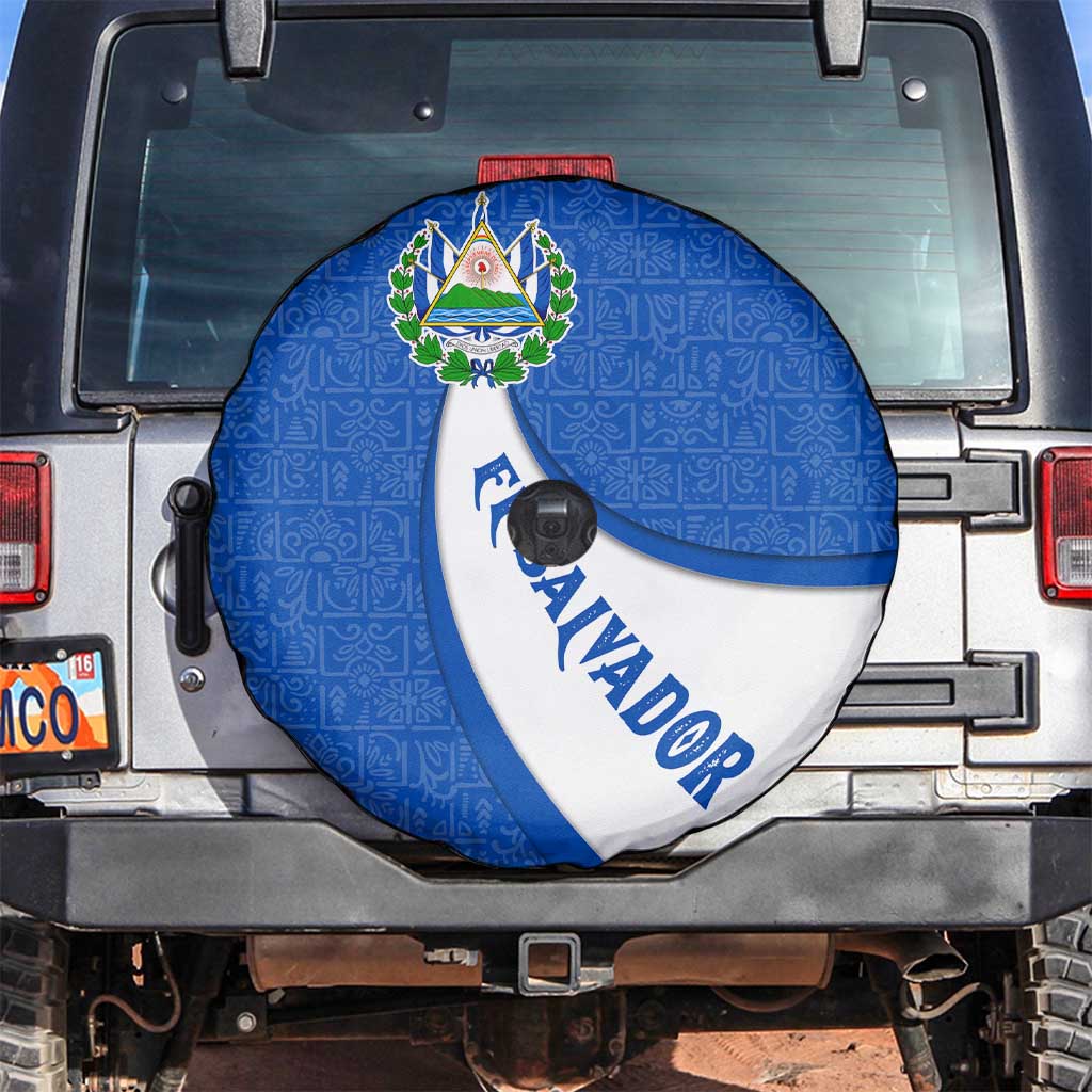 El Salvador Coat of Arms Spare Tire Cover with Curved Text and Blue Patterned Background - Wonder Print Shop