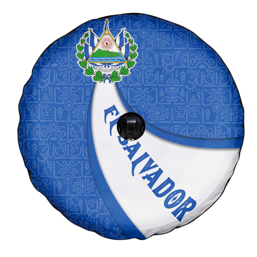 El Salvador Coat of Arms Spare Tire Cover with Curved Text and Blue Patterned Background - Wonder Print Shop