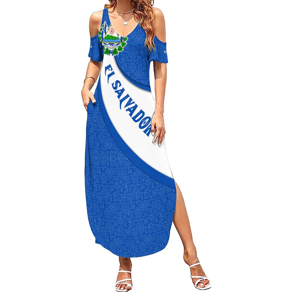 El Salvador Coat of Arms Summer Maxi Dress with Curved Text and Blue Patterned Background - Wonder Print Shop