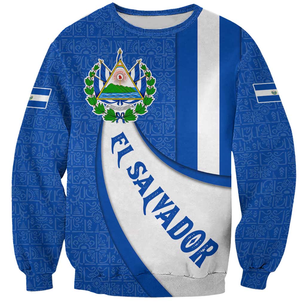 El Salvador Coat of Arms Sweatshirt with Curved Text and Blue Patterned Background - Wonder Print Shop