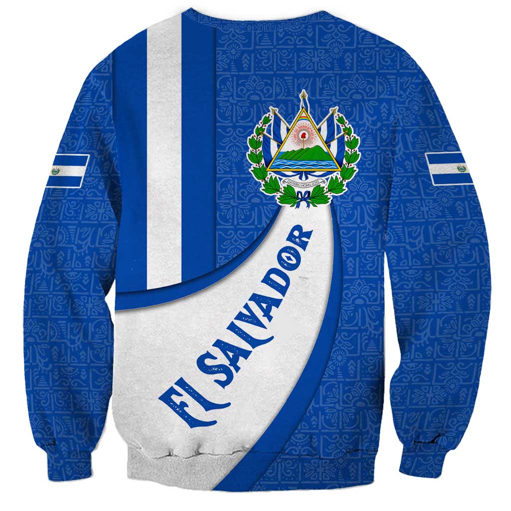 El Salvador Coat of Arms Sweatshirt with Curved Text and Blue Patterned Background - Wonder Print Shop
