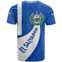 El Salvador Coat of Arms T Shirt with Curved Text and Blue Patterned Background - Wonder Print Shop