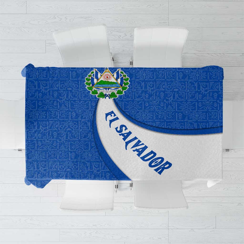 El Salvador Coat of Arms Tablecloth with Curved Text and Blue Patterned Background - Wonder Print Shop
