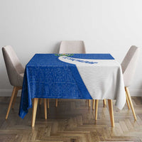 El Salvador Coat of Arms Tablecloth with Curved Text and Blue Patterned Background - Wonder Print Shop