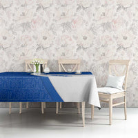 El Salvador Coat of Arms Tablecloth with Curved Text and Blue Patterned Background - Wonder Print Shop